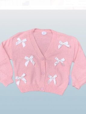 🎀HOST PICK🎀- NWT - Luna Ivy-Coquette Pink V-Neck Cardigan with White Bows.